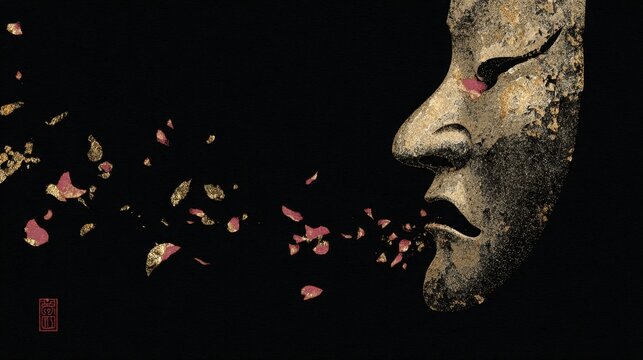 Minimalist shogun mask on a black background with shimmering gold flecks, cherry blossoms drifting in a slow wind, delicate sakura petals in soft pink, subtle gold accents, and a wistful mood; Japane