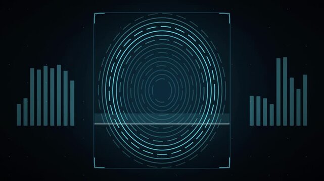 Abstract animated biometric scan with concentric scanning rings drawn as cyan and teal glowing lines and dots on a deep dark background. Clean minimal motion graphics element with free space around it