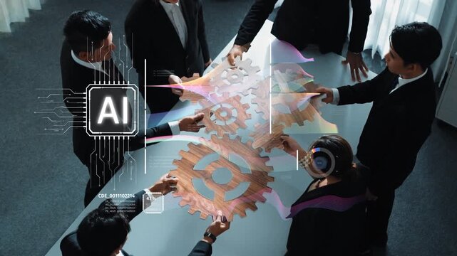 A diverse group of professionals engaged in a collaborative meeting, exploring digital concepts and innovations, with visual elements representing artificial intelligence and teamwork. Raster