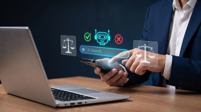 Professional using mobile phone with AI chatbot and legal scales interface for digital law research