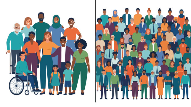 Diverse multicultural community and inclusive crowd flat vector illustration