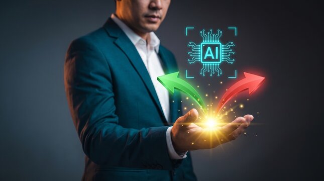 Businessman choosing AI technology path with glowing direction arrows representing risk assessment and digital decision making