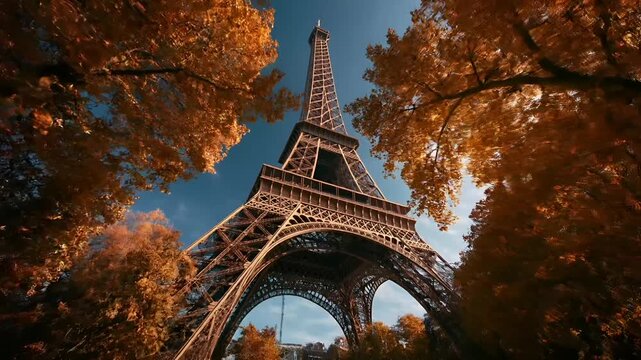 Paris, France, Europe. A vivid portrayal of the Eiffel Tower stands tall against a clear blue sky. The iconic structure is intricately designed, featuring a lattice pattern and a pointed spire.