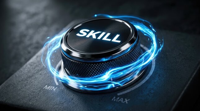 Close up of a black control knob with the word skill glowing in blue light surrounded by a circular energy ring on a dark textured surface