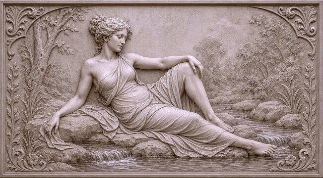 antique style refined bas-relief sculpture in marble of woman bathing in stream with decorative border