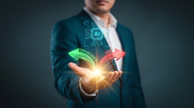 Man holding glowing arrows symbolizing Artificial Intelligence and progress against a dark background, representing future technology and decision making