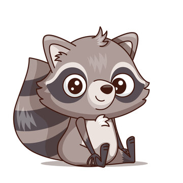 Cute cartoon raccoon character with outline sitting and smiling on white background. The friendly raccoon looks forward with a warm happy expression. Funny forest animal design perfect for childrens
