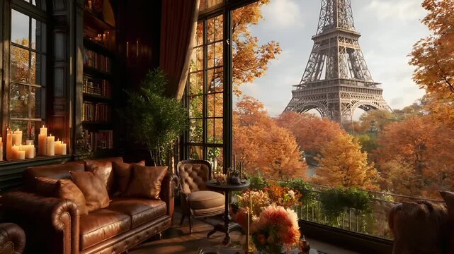 Paris, France, Europe. A detailed, realistic depiction of a cozy living room with a panoramic view of the Eiffel Tower. The room features rich brown leather furniture, including a sofa, armchair.