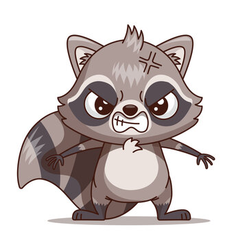 Cute cartoon raccoon character with outline standing on white background with paws spread wide. The angry raccoon bares its teeth showing strong emotion and aggressive expression. Funny forest animal