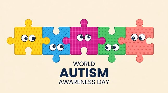 World Autism Awareness Day celebration with colorful puzzle pieces. Inclusive community support symbol for neurodiversity and acceptance.