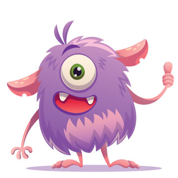 Cheerful furry purple monster with one big green eye, pink ears and friendly smile, giving a thumbs up gesture of approval. Cute fluffy cyclops creature standing isolated on white background, perfect