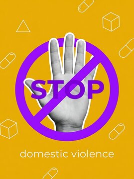 Hand signaling stop to domestic violence. Raised palm rejecting abuse and family conflict in awareness campaign.