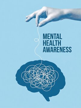 Hand touching holographic brain for mental health awareness. Digital 3D illustration of psychological wellness and neural connectivity.