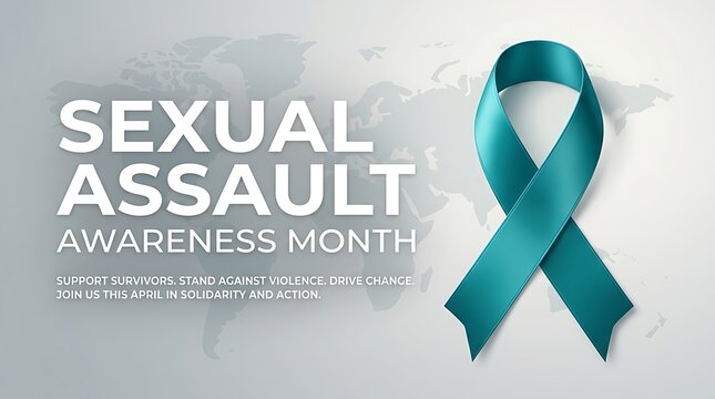 Sexual assault awareness ribbon held by hands. Teal support symbol for survivors and prevention campaign month.