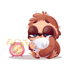 Obraz premium Cute sloth with big eyes sitting while hugging a soft pillow beside a ringing alarm clock. Tired messy sleepy animal character. Vector illustration isolated on white background. Perfect for stickers