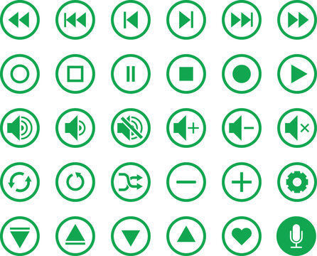 Media player control icon set in green, music audio buttons collection