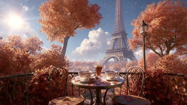 Paris, France, Europe. A vivid portrayal of the Eiffel Tower in Paris, France, bathed in the warm glow of autumn. The scene is set in a serene outdoor cafe.