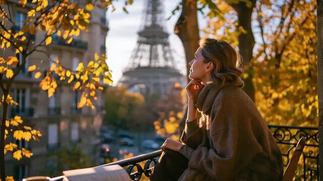 Paris, France, Europe. A vivid portrayal of a woman seated on a balcony overlooking the Eiffel Tower in Paris during autumn. She wears a textured brown coat and has her hand on her chin.