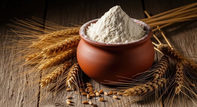 Fine white wheat flour piled in a traditional clay pot surrounded by golden stalks of dried wheat and scattered grains on a wooden table