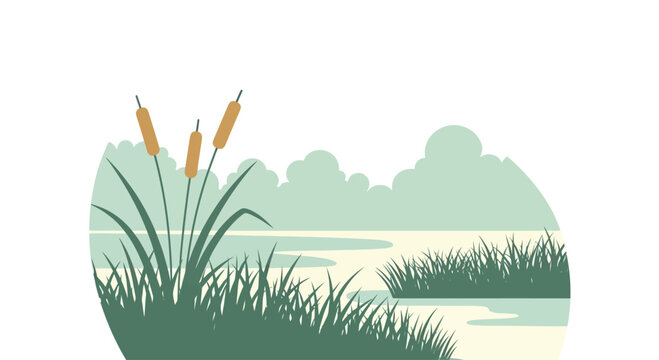 Cattails and marsh grass in a serene wetland landscape with calm water and soft clouds.
