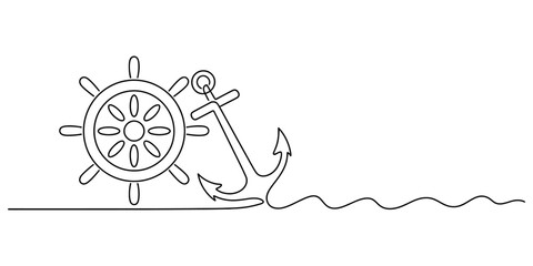 Continuous single line drawing of a ship steering wheel and a boat anchor showing travel and nautical adventure theme Vector, illustration © New Outline