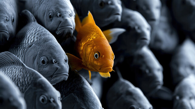 Unique orange fish individuality contrast underwater school concept art, different creative leadership standout courage symbol among monochrome crowd