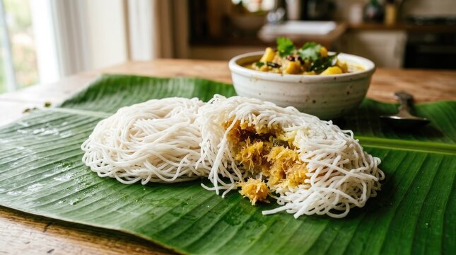 Traditional south indian steamed rice noodle string hoppers served on a green banana leaf with a side bowl of vegetable curry and spices