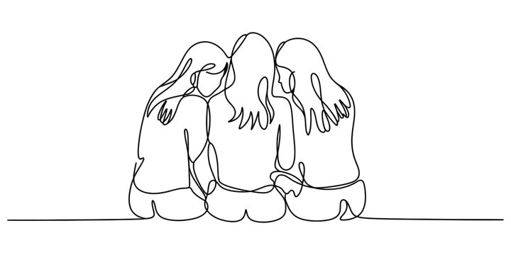 Continuous single line drawing of three best friends sitting together and hugging showing love and strong connection Vector, illustration