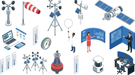 Isometric meteorology weather forecasting icon set with satellite radar stations anemometer windsock thermometers buoy scientists and digital dashboards © Sumita