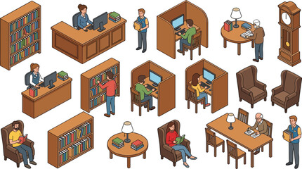 Isometric public library vector set with students studying in cubicles people reading books bookshelves desks and reception counter © Sumita