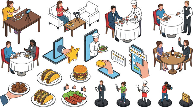 Isometric restaurant and food delivery vector elements with people dining blogging ordering online rating meals and chef serving food