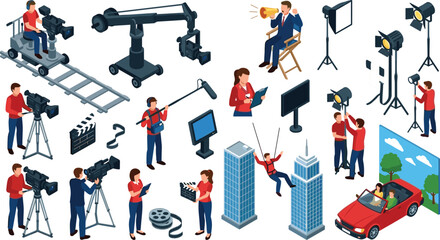movie production and film studio vector elements set with director crew camera operators lightning gear and stunt actors performance © Sumita