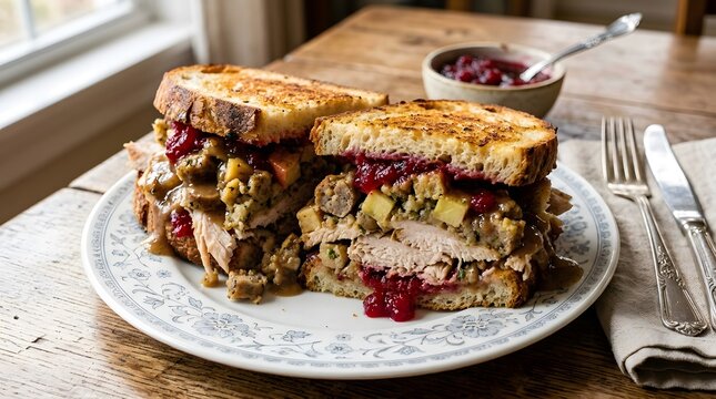 A delicious gourmet turkey and cranberry grilled cheese sandwich served on a rustic plate for a festive happy halloween lunch meal