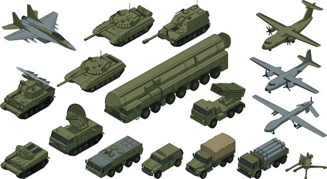  military vehicles and army weapon systems vector elements pack featuring tanks fighter jet missile launcher drone and transport trucks