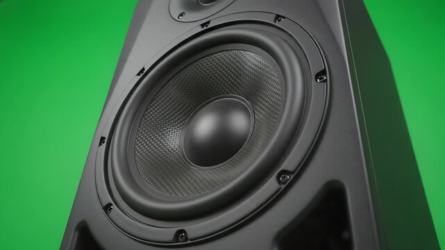 Powerful bass speaker woofer vibrating intensely with sound waves against a professional chroma key green screen background