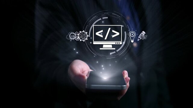 Modern web development concept featuring coding symbols, web development process, web development interface, and web development tools with futuristic design. Elide