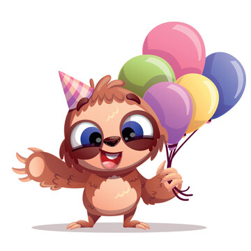 Cute sloth with big eyes standing in a joyful pose while holding colorful balloons and wearing a festive party hat. Adorable happy animal celebrating a birthday. Vector illustration isolated on white