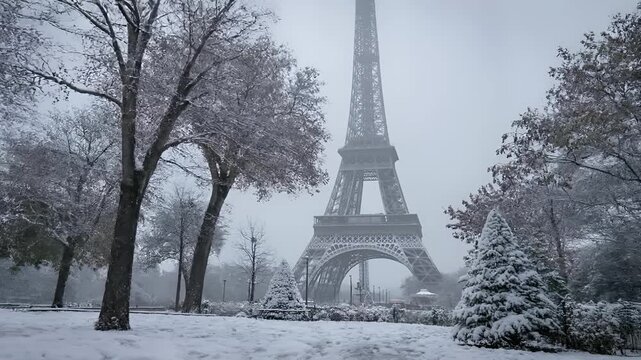 Paris, France, Europe. A moody, atmospheric photograph of the Eiffel Tower in Paris, France, bathed in a thick layer of snow. The eiffel tower stands tall against a misty backdrop.