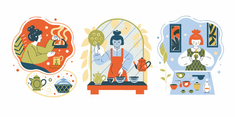 Fototapeta premium Tea Ceremony Scenes Modern Flat Illustration With Decorative Elements