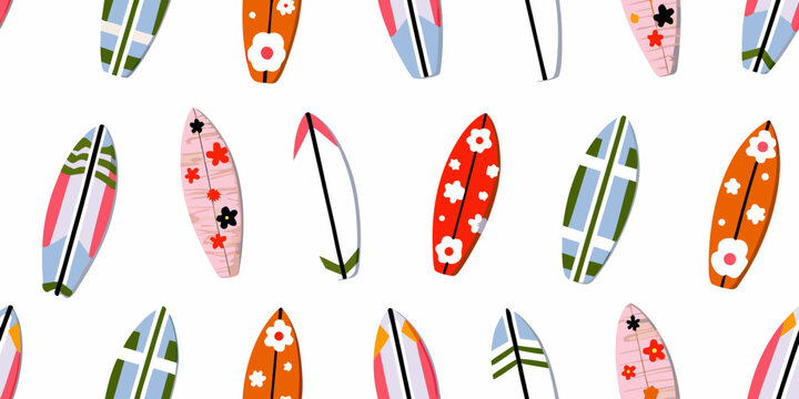 Surfboards And Floral Ornament Vector Pattern On White Background