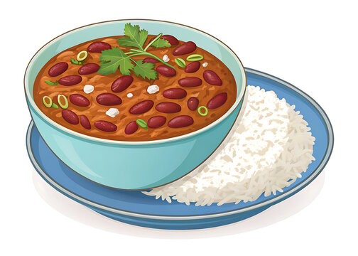 Rajma Chawal premium vector style, isolated on white background, kidney bean curry with rice, realistic flat design