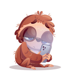 Obraz premium A cute bright and colorful cartoon sloth character with big eyes, sitting tired and exhausted while staring at a smartphone screen, blue light glowing on its face. This vector illustration captures