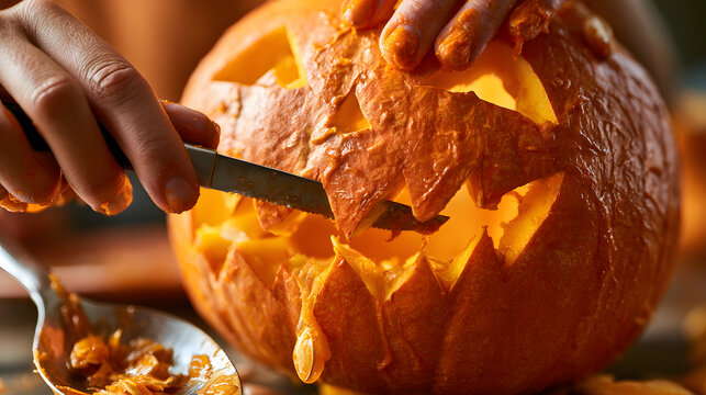 Extreme close-up of hands carving a spooky face into a fresh orange jack-o'-lantern pumpkin with a small knife and spoon. Hands-on DIY Halloween holiday preparation background.