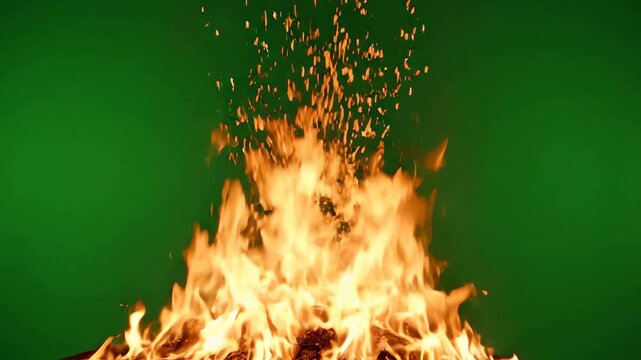 Realistic blazing fire with dancing orange flames and glowing embers rising against a solid chroma key green background