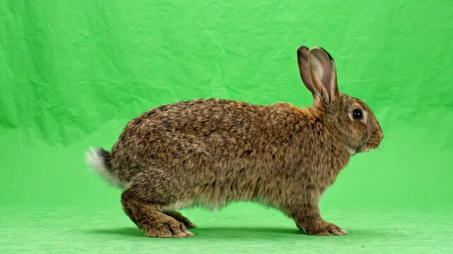 Realistic fluffy brown rabbit hopping animation across a bright solid green screen background for video editing and post production