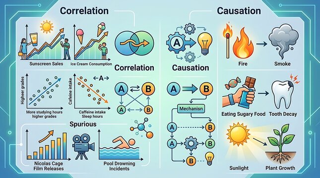 Educational infographic comparing correlation and causation concepts