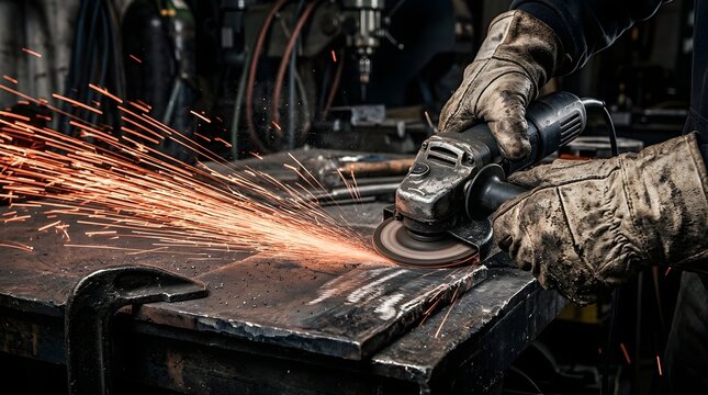 Metalworker grinds a thick steel plate with a power tool, creating a dramatic shower of glowing orange sparks in a dark industrial shop.