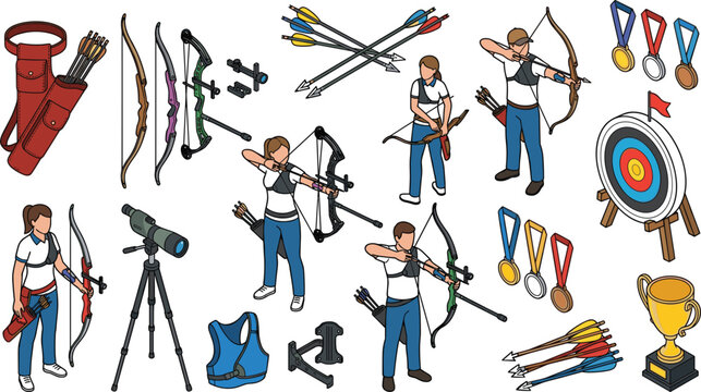  archery sport and training vector elements set featuring archers aiming bows arrows target quiver medals and spotting scope