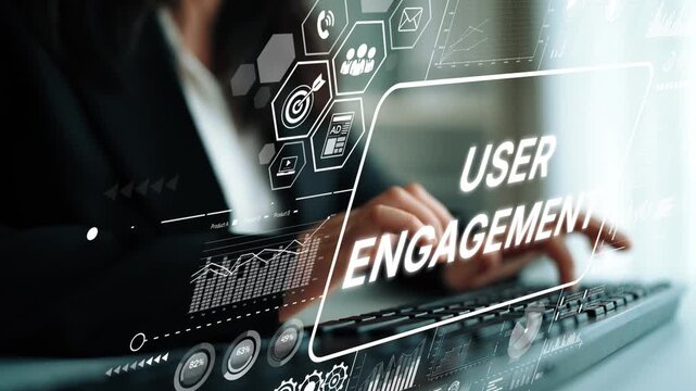 Business professional interacting with user engagement metrics on a modern digital dashboard interface in a corporate environment. Asymptotic smart data analytic.