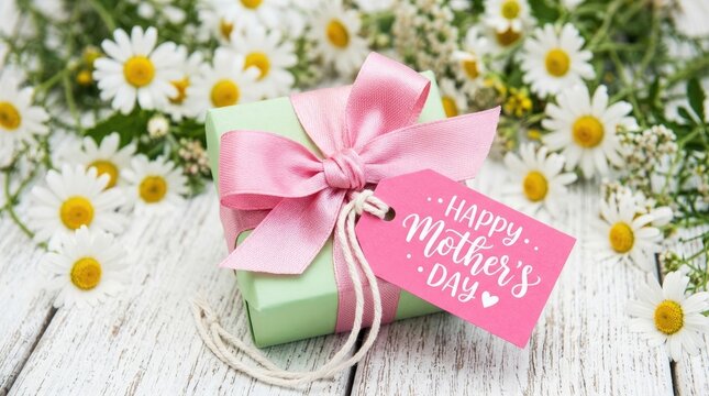 Gift box wrapped in light green paper with a pink ribbon and a tag reading happy mother's day surrounded by white daisy flowers on wood